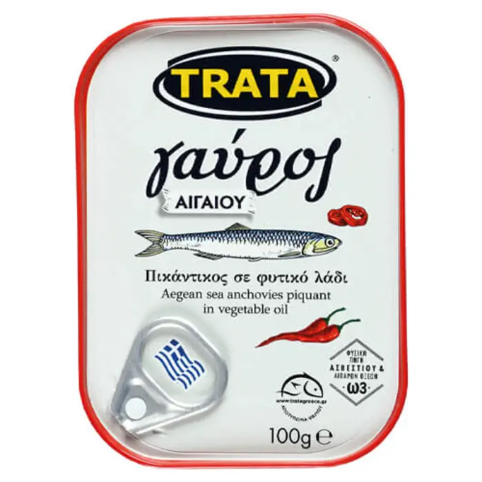 Gavros aigioy pikant 100 gr Trata Gavros (ansjovis) Egeïsche zee pikant in plantaardige olie 100 gr - Afbeelding 1