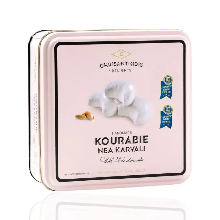 Kourabiedes-gateaux-grecs-aux-amandes-450 gr Chrisanthidis Kourabiedes Amandel Luxe cadeau 450 gr (metal doos) - Afbeelding 1