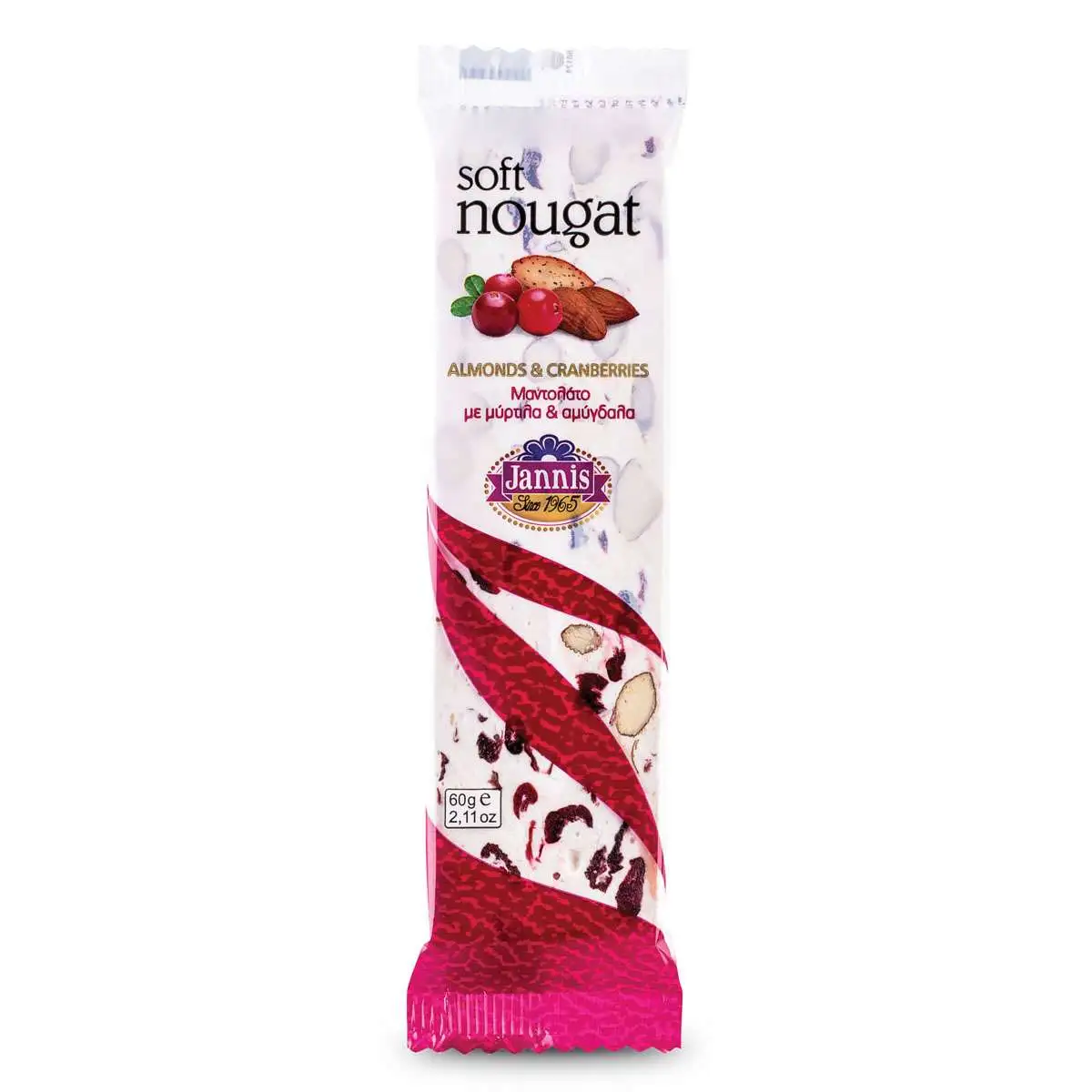 PRODUCTS_ALL_0040_SOFT_NOUGAT_ALMONDSCRANBERRIES_60g.jpg Jannis Mantolato Amandel & Mirtila 60 gr - Afbeelding 1