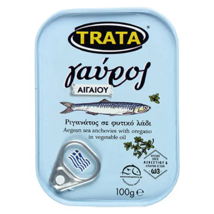 Trata Gavros met oregano 100 gr Trata Gavros (ansjovis) in olie 100 gr - Afbeelding 1